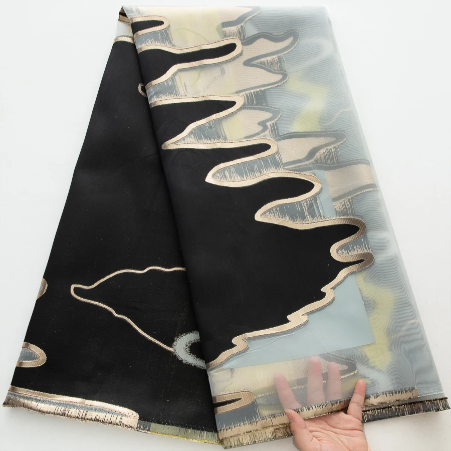 Afrikanischer Jacquard-Spitzenstoff, Goldbrokat-Stickerei, transparenter Organza für Damenkleider/Röcke/Kleider |   Afrikanisches Premium-Textil