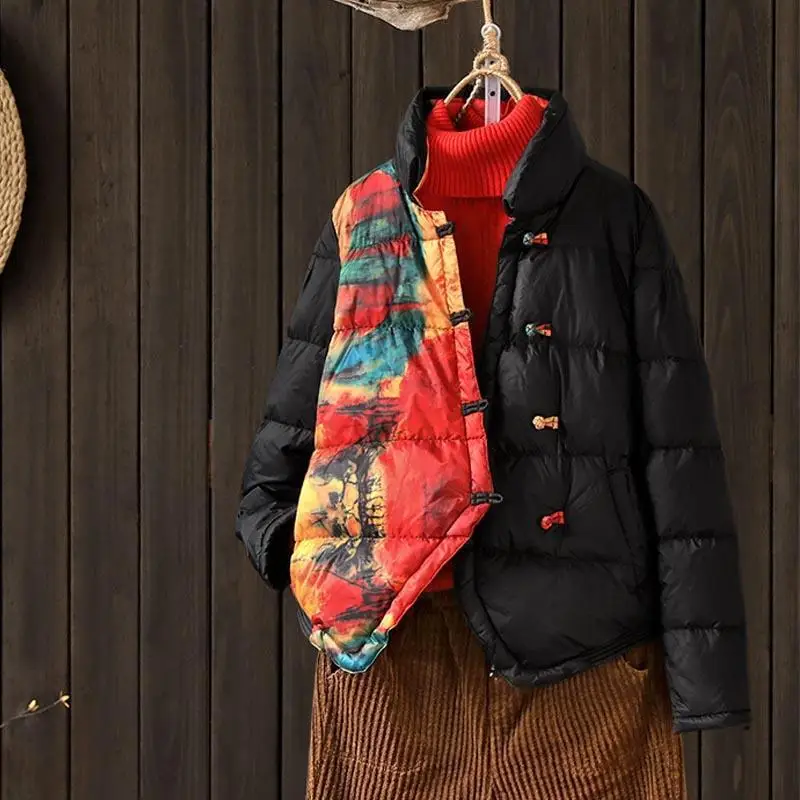 Vintage bobin düğme baskı Patchwork aşağı pamuklu ceket kış kadın kırpılmış ceket sıcak tutan kaban hafif ceket uzun kollu Parkas