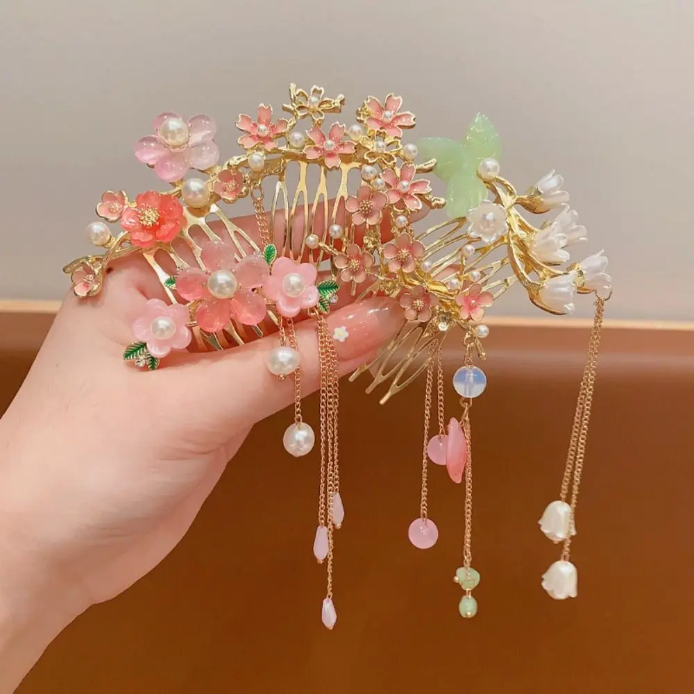 

Classical Tassel Flower Hair Comb Fan Pearl Children's Hairpin Hanfu Headwear Hair Chopstick Chinese Style Hair Stick Cheongsam