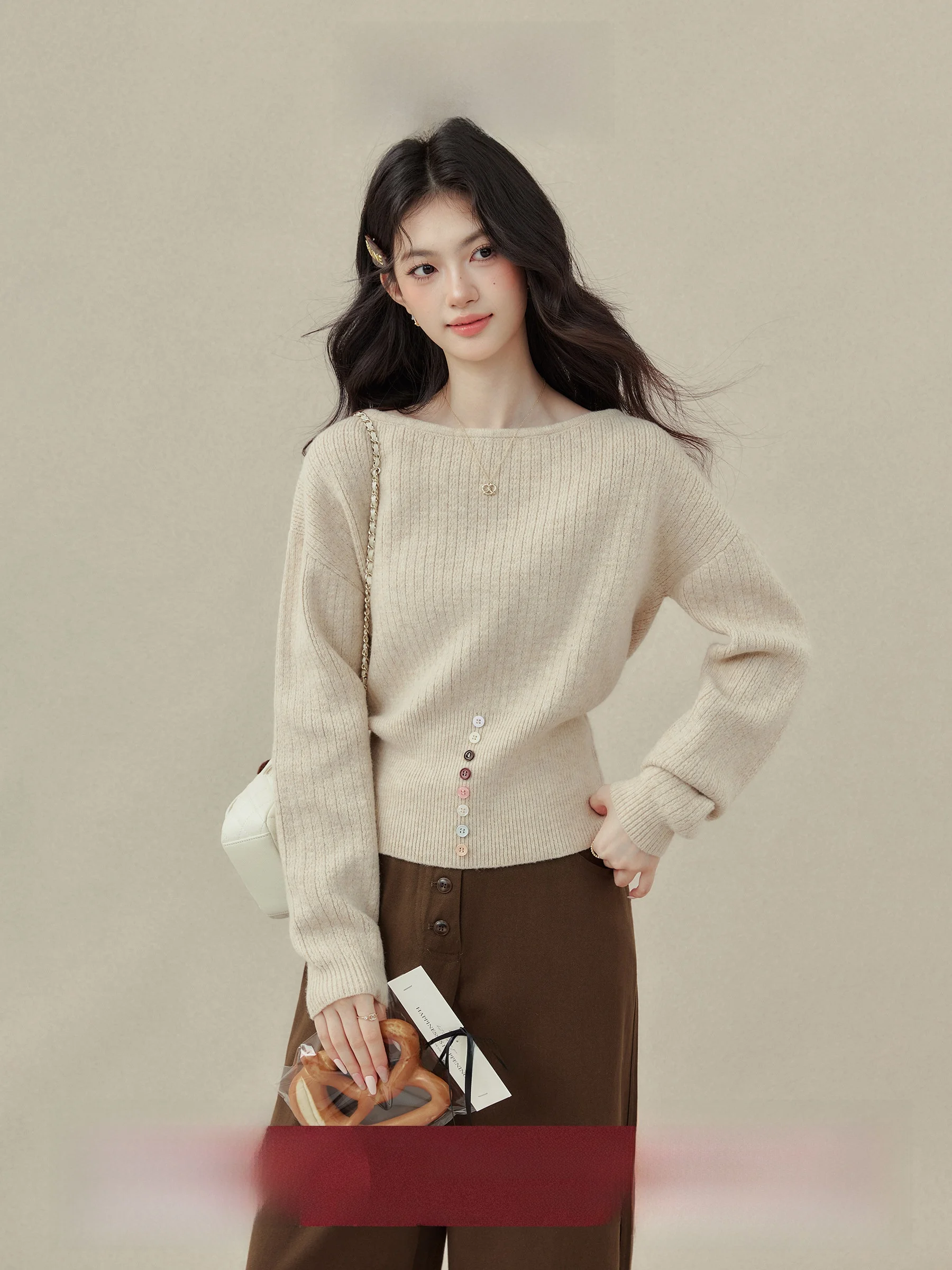 

Свободный вязаный свитер для женщин, базовый слой, внутренняя одежда, с пуговицами, осенний, модный, повседневный, с длинными рукавами, топ