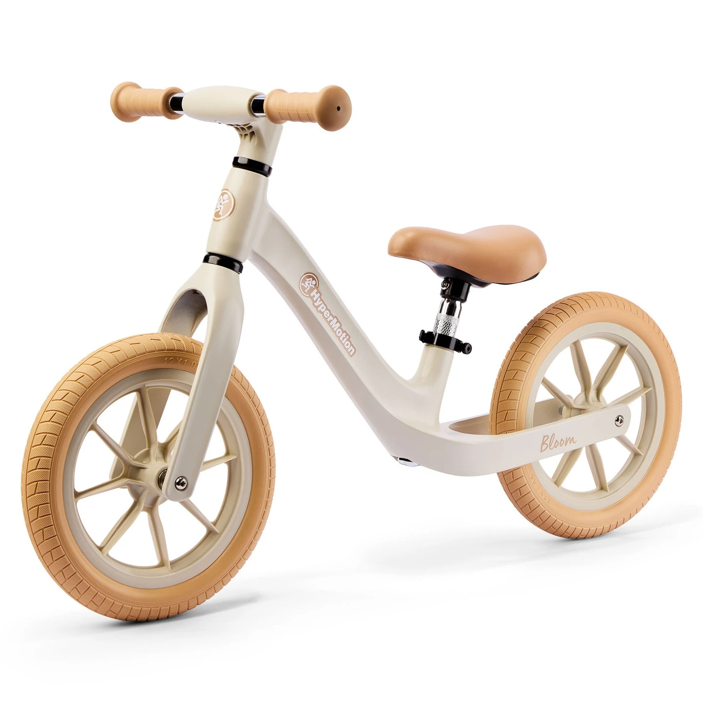 Hypermotion Loopfiets Bloom Magnesium Frame 12 Inch PU voor kinderen van 2 en 3 jaar, leerfiets, zandgrijs