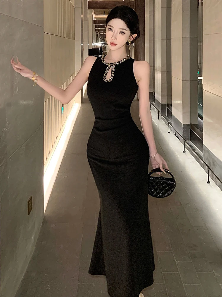 Frauen Kleidung Schwarz Sexy Ärmellose Dünne Kleid Abendkleid Elegante Luxus Dame Party Geburtstag Vestido Lange Robe Casual Sommer