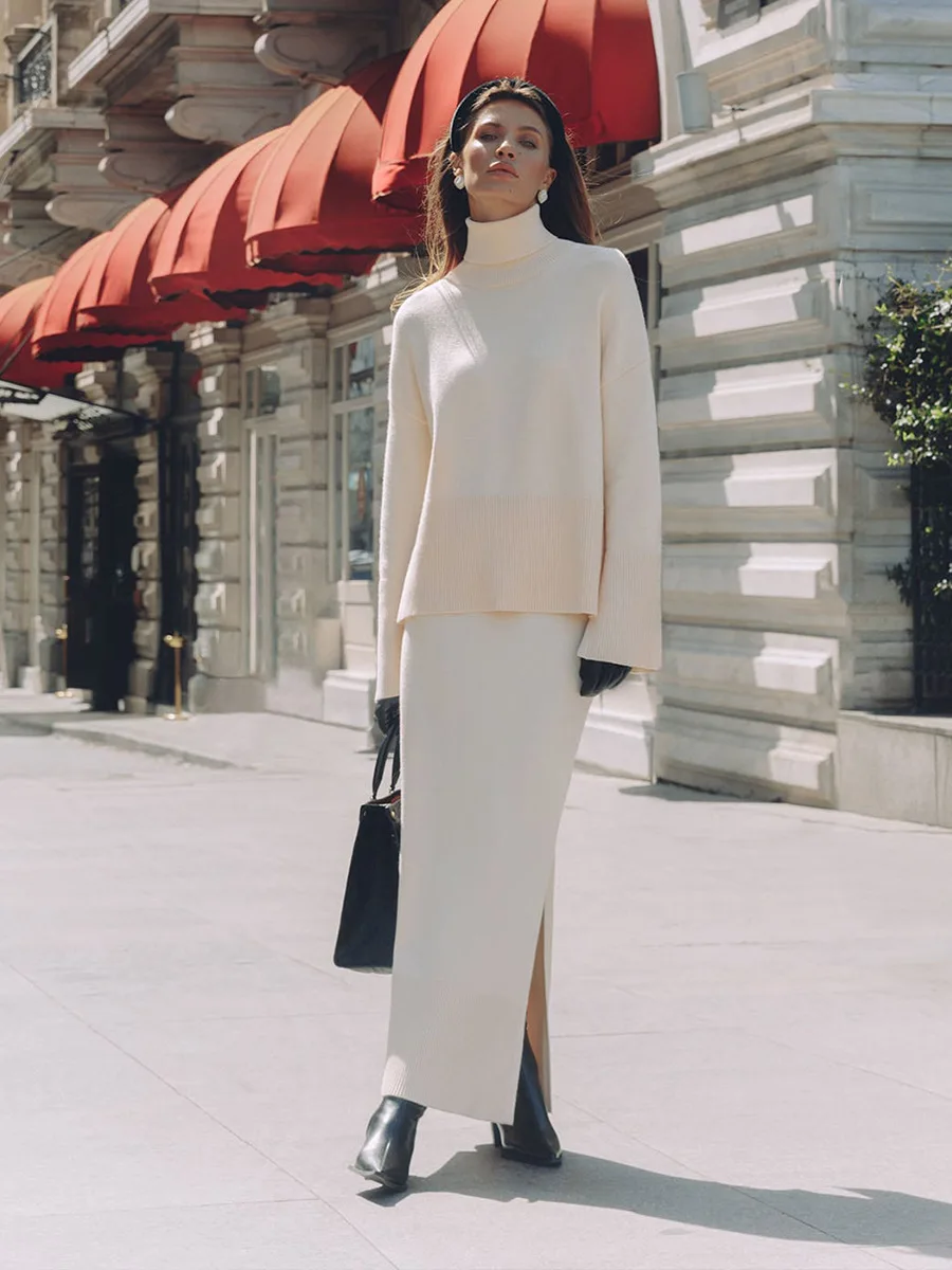 

DriftWear Autumn Winter New Knitt Skirt Set Women Turtleneck Long-Sleeved Sweater + High Waist Loose Maxi Skirt Comfort 2Pcs Set