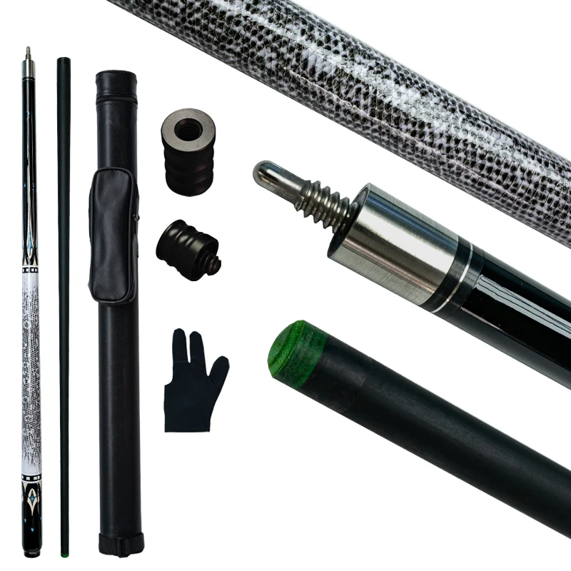 Carbon Billiard Cue Set 12.5mm Tip Black and Snake Skin Design Complete Accessories for 9 Ball and Carom Billiards Players