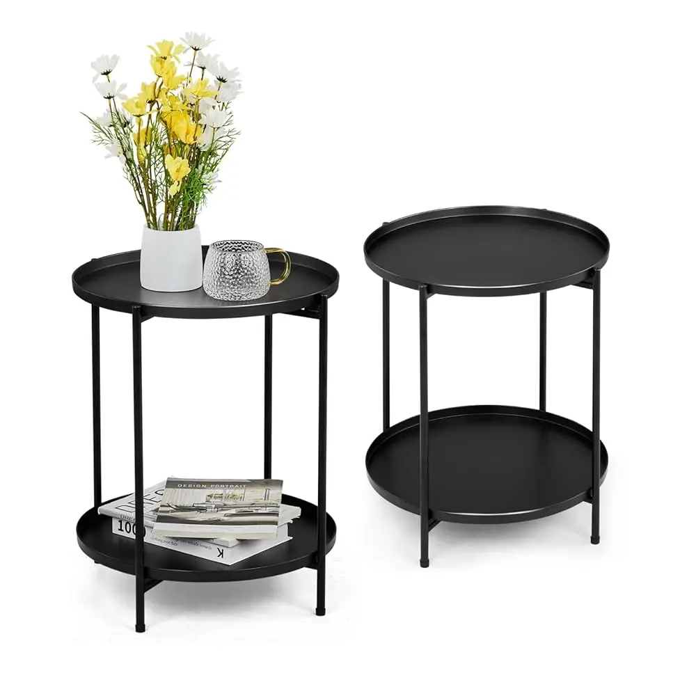 

2 Tier End Table, Metal Side Table With Removable Tray Indoor And Outdoor,Small Waterproof Accent Table For Bedroom Balcony