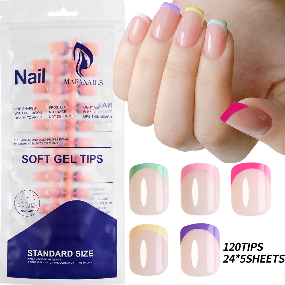 240/120/96pcs Candy French Press On Nails Tips Short Square Shaped Glossy Rainbow Lines Design Fake Nail For Fashion Party Woman_voghion.com