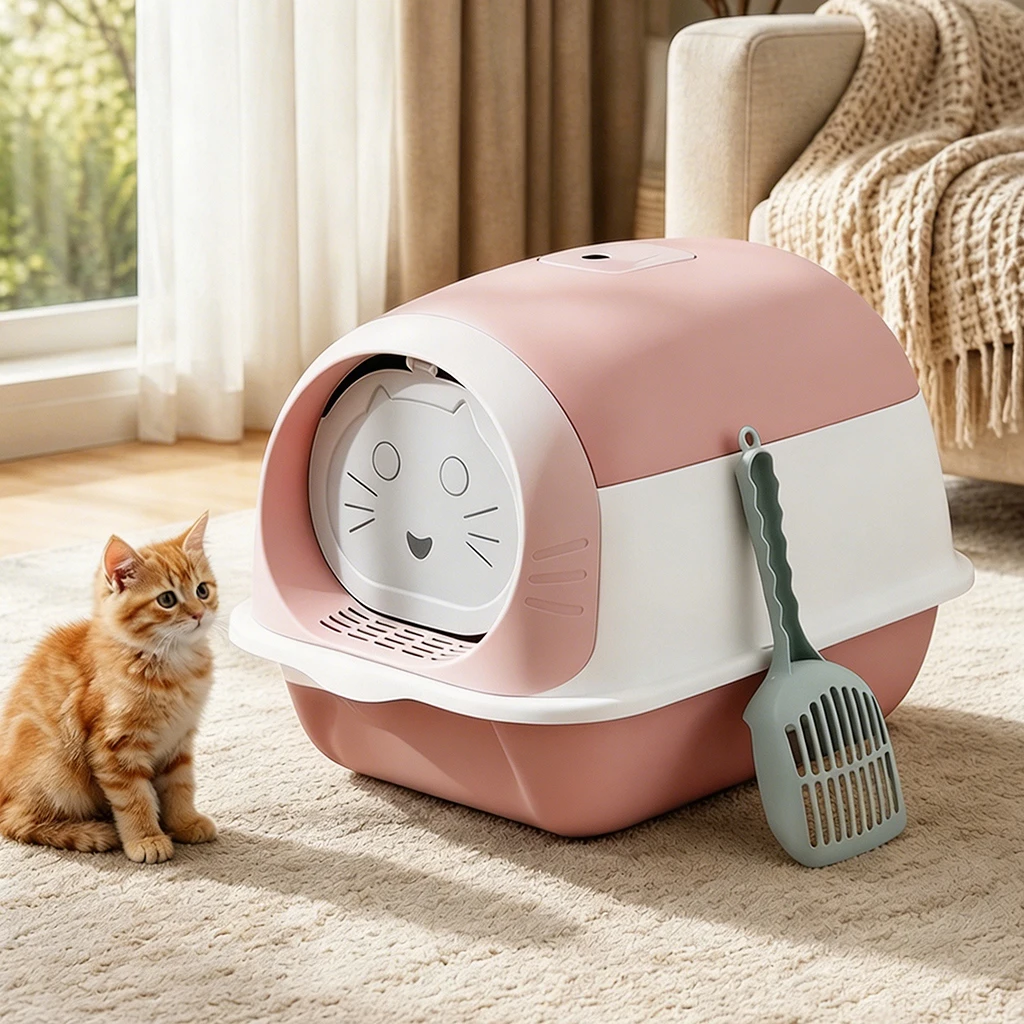 Grande lettiera per gatti con contenitore chiuso, paletta inclusa, design pieghevole e antiriparata, lettiera portatile semi-chiusa per gatti da interno, dimensioni 50x35x36 cm, colore rosa.