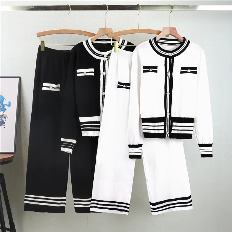 Korean Fashion Casual Knit Two Piece Set Women Sweater Cardigan Wide Leg Pant Suits Tracksuit 2 Piece Sets New Autumn