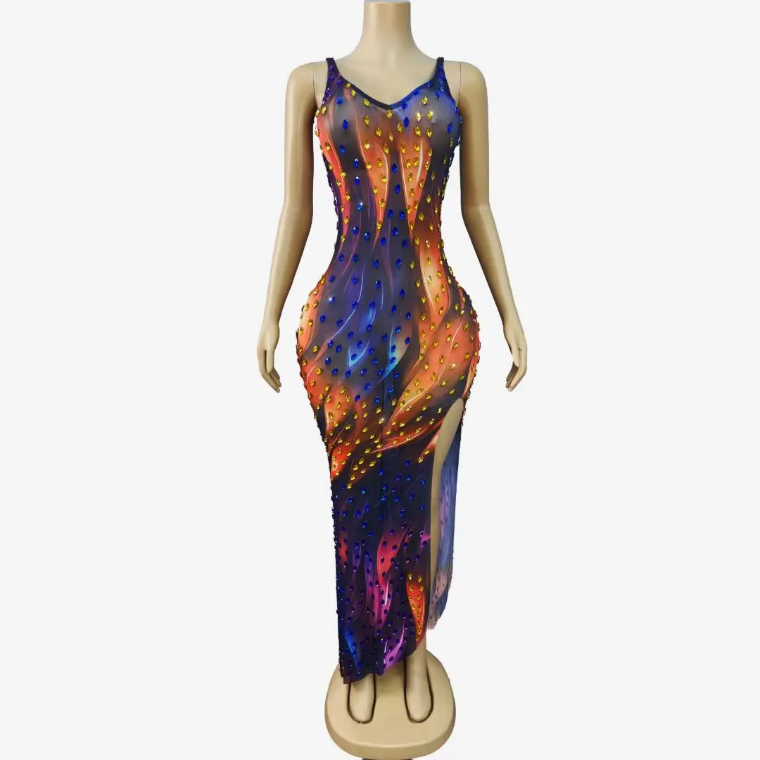 Caidi Gradient Fluid Art Print Rhinestone Mermaid Maxi Dress Spaghetti Strap V Neck High Side Slit Club Stage Outfit for Women