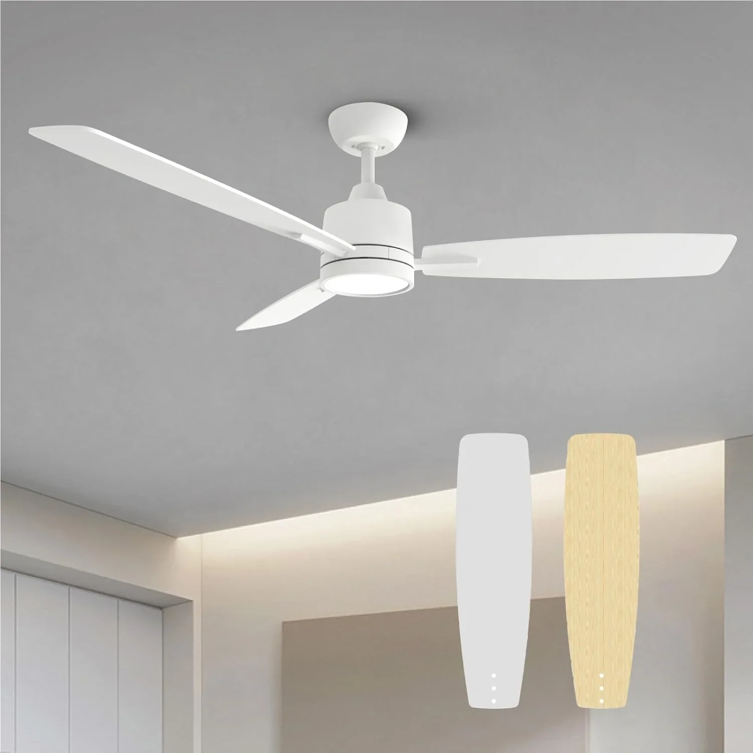 

Quiet 52 Inch Ceiling Fans with Lights, Remote, and Whisper-Quiet DC Motor in White/Oak Finish - Adjustable 3 Color Temperature