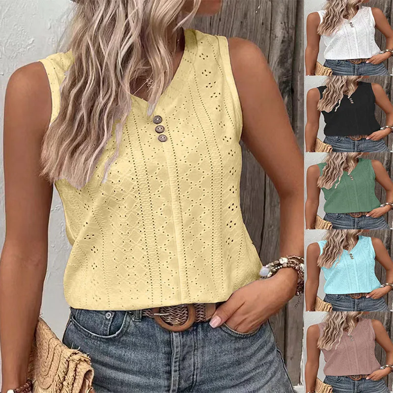 Letnie bluzki bez rękawów z dekoltem w szpic dla kobiet Moda 2024 Eleganckie luźne podkoszulki dla kobiet Solidna tunika Pullover Casual