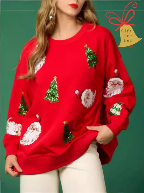 BKLD Women's Festive Christmas Sweatshirt Sequine Graphic Casual Loose Long Sleeve Pullovers Round Neck Sweatshirts For Winter