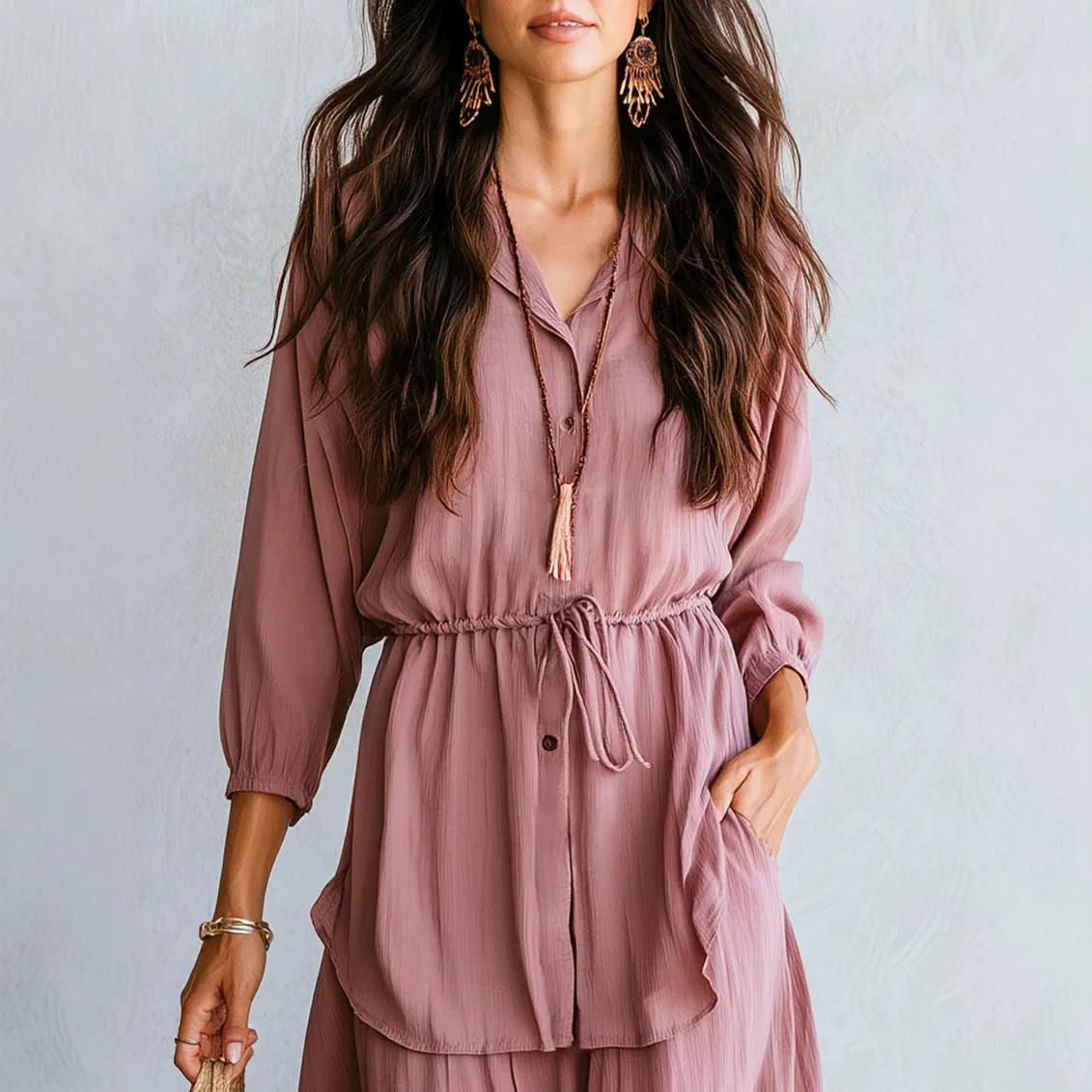 Elegant Long Dress Set with Drawstring Waist Blouse Top Matching Sets for Women Spring Summer Vacation