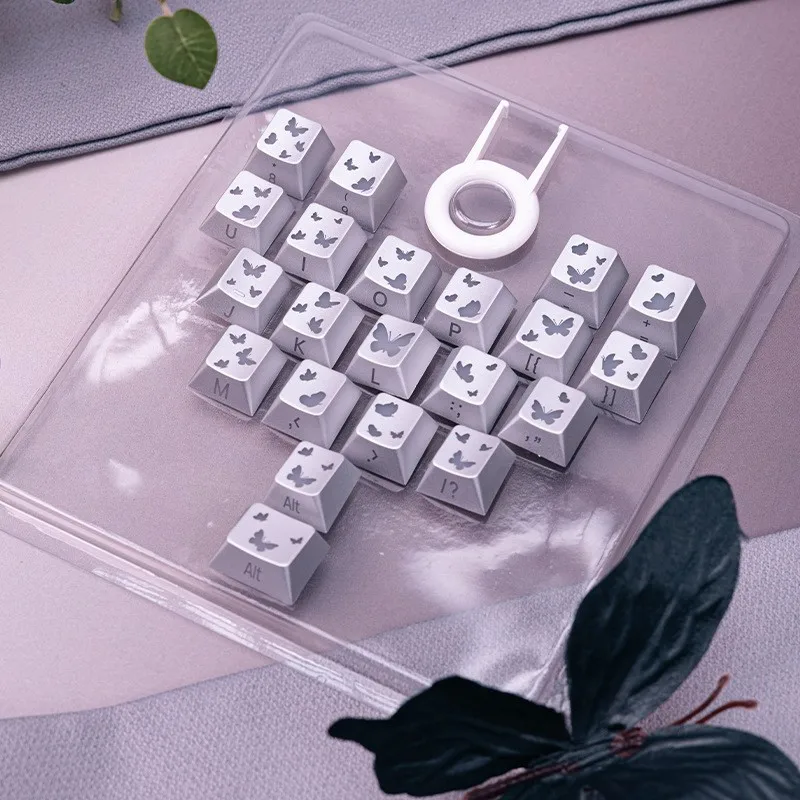 KUXM Butterfly & Heart Keycaps Silver Metal Texture 21 Keys Matching Set Side Print Backlit Keycaps Cherry Profile