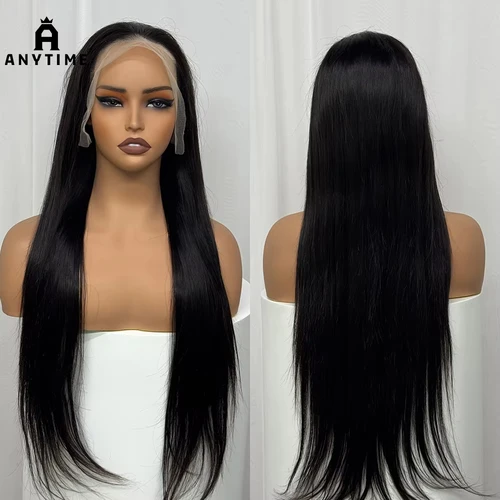 Peluca de cabello humano liso de 200% de densidad 12A, pelucas de cabello humano liso Frontal de encaje transparente 13x4 para mujeres negras