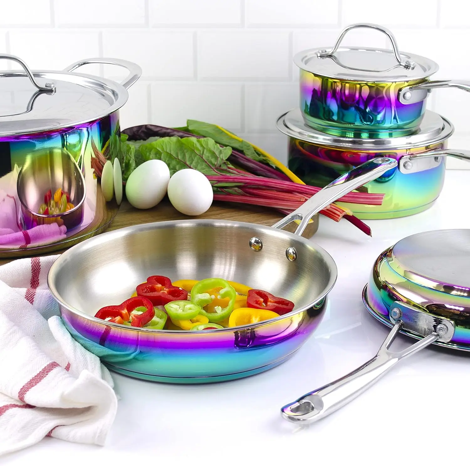 The Magical Kitchen Collection - Iriserende Rainbow-pannenset - Premium robuuste roestvrijstalen en titanium potten en pannen S