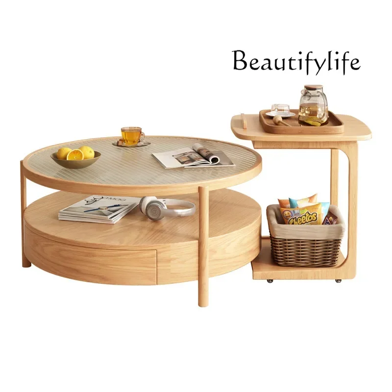 

Living room household small apartment double-layer solid wood round glass tea table