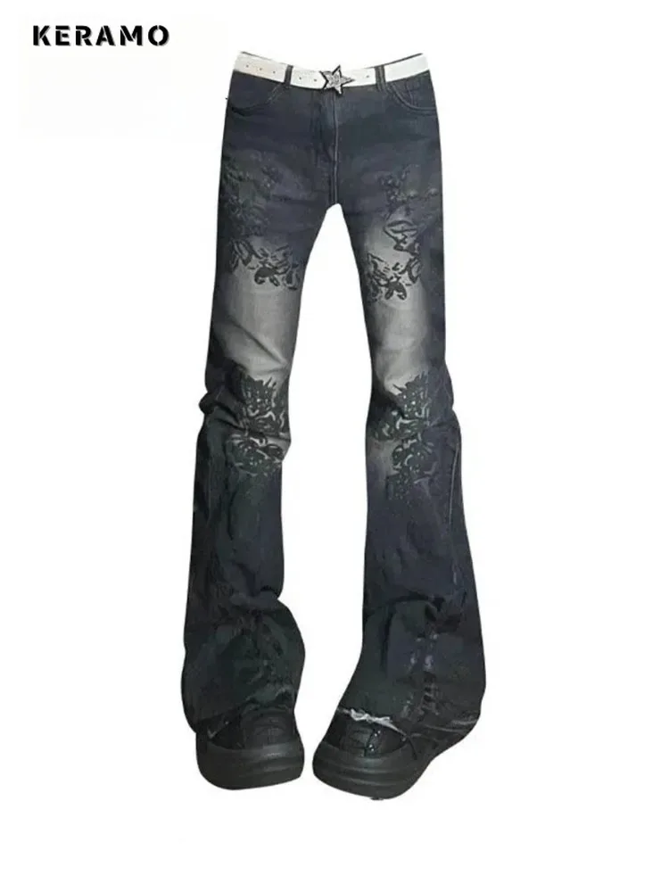 

Female Kpop Y2K Slim 2000s Pants Harajuku Sheath High Waist Floral Flared Jeans Women Vintage Hight Street Retro Denim Trouser