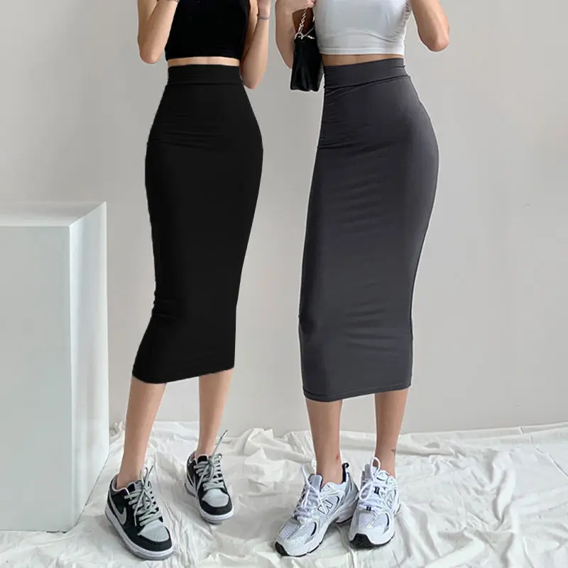 

Sexy Elastic Midi Half Skirt Women's 2023 New Summer Trendy Girl Bodycon One Step Skirt Straight Tube Cotton Blend Fabric