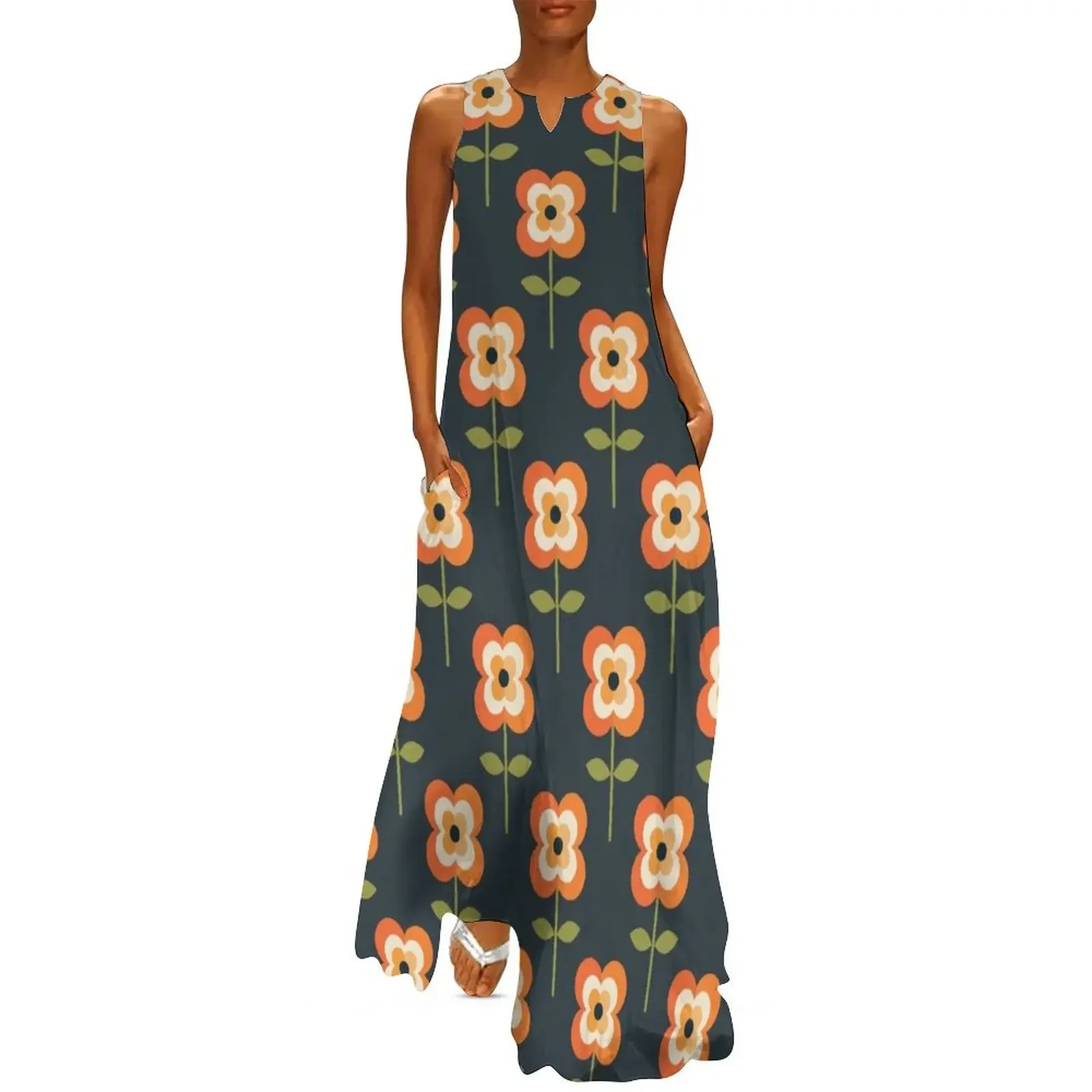 

Retro Flower - Orange and Charcoal Long Dress summer clothes wedding dresses for parties Dress