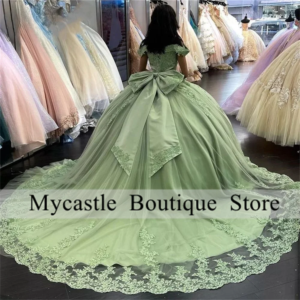 Green Lace Appliques Beaded Quinceanera Dresses 2025 With Bow Off the Shoulder Ruffles Sweet 16 Dress Court Train Customized