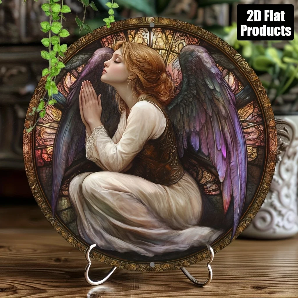 Retro Angel Prayer Sign Round Aluminum Wall Decor 8x8 Inch, Vintage Cafe Bar Office Unpowered Glass-Effect Plaque
