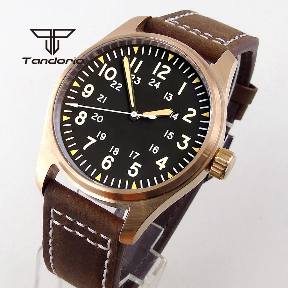 Tandorio Real Cusn8 Bronze Luxus 200M Diver Automatik Herrenuhr NH35 PT5000 Saphirglas Leder Schraubkrone Grün leuchtend