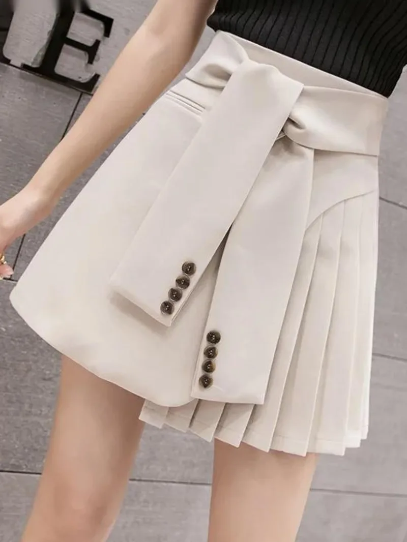 Fashion Apricot Pleated Tie A-line Skirt Women High Waist Leg-lengthening Mini Skirts ZFV6L