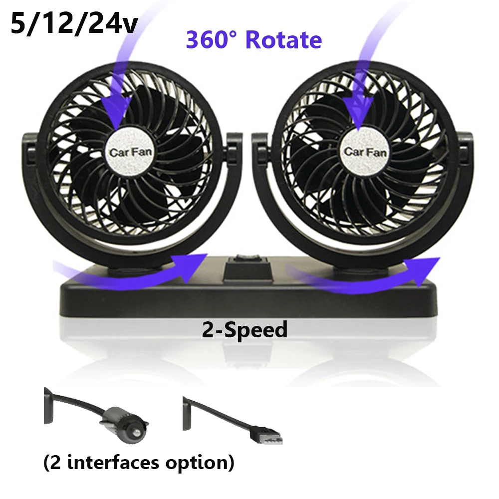 

360° Rotate Dual Head Car Cooling Fan 2 Speed Adjustable Car Fan Cooler 5V/12V/24V Low Noise Auto Air Fan for Dashboard RV Truck