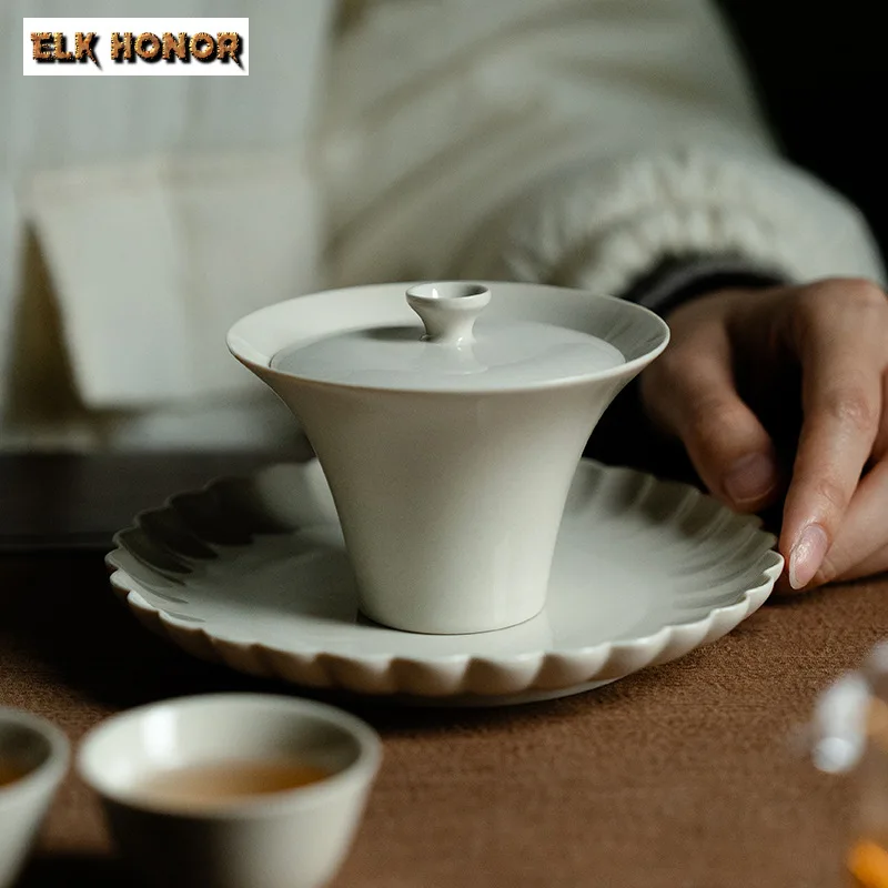 135ml High-end Grass Wood Gray Gaiwan Retro Anti Scalding Tea Tureen Tea Making Cover Bowl Chinese Tea Ceremony Accessories Gift