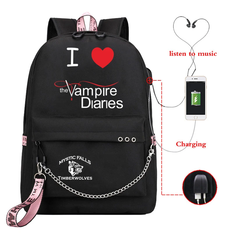 I Love The Vampire Diaries Students School Bags USB Charging Unisex Backpack Boy Girl Bookbag Laptop Travel Rucksack Outdoor Bag