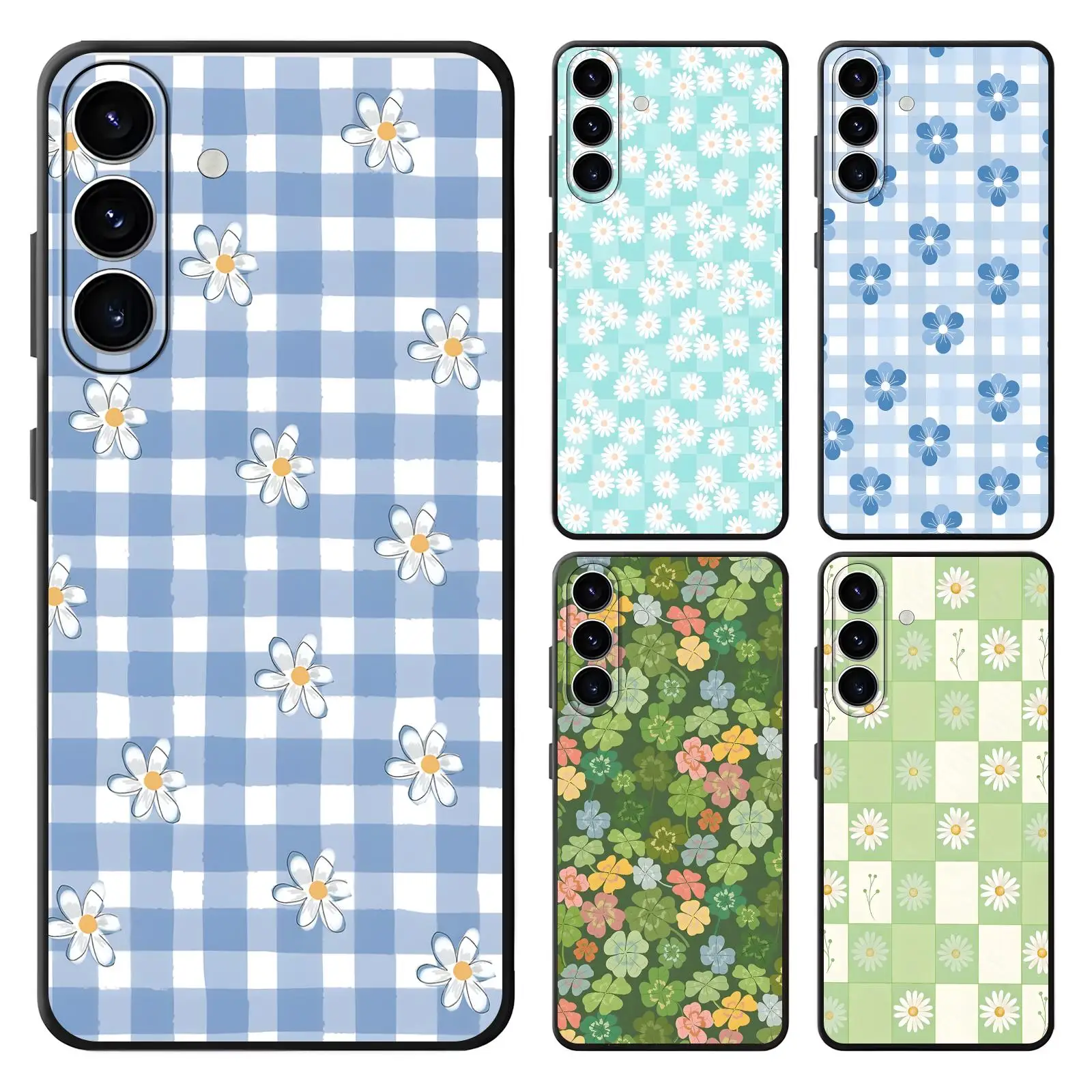 Phone Case For Samsung A57 A56 A37 A27 A17 A36 A26 A55 A35 Anti-Drop Soft Black Case Flowers and Grid