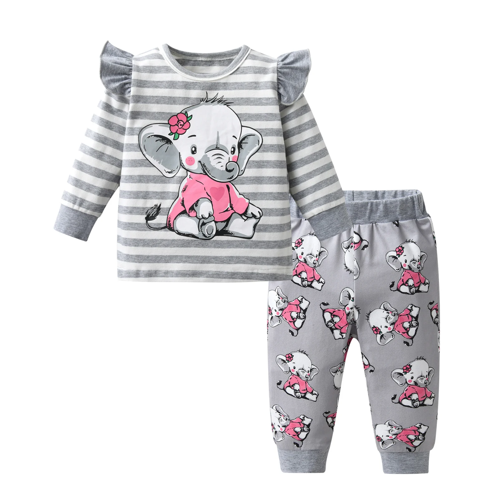 Spring Autumn Newborn Baby Girl 2pcs Clothes Set Cotton Printed Long Sleeve Round Neck T-Shirts + Pants Cute Toddler Girl Outfit