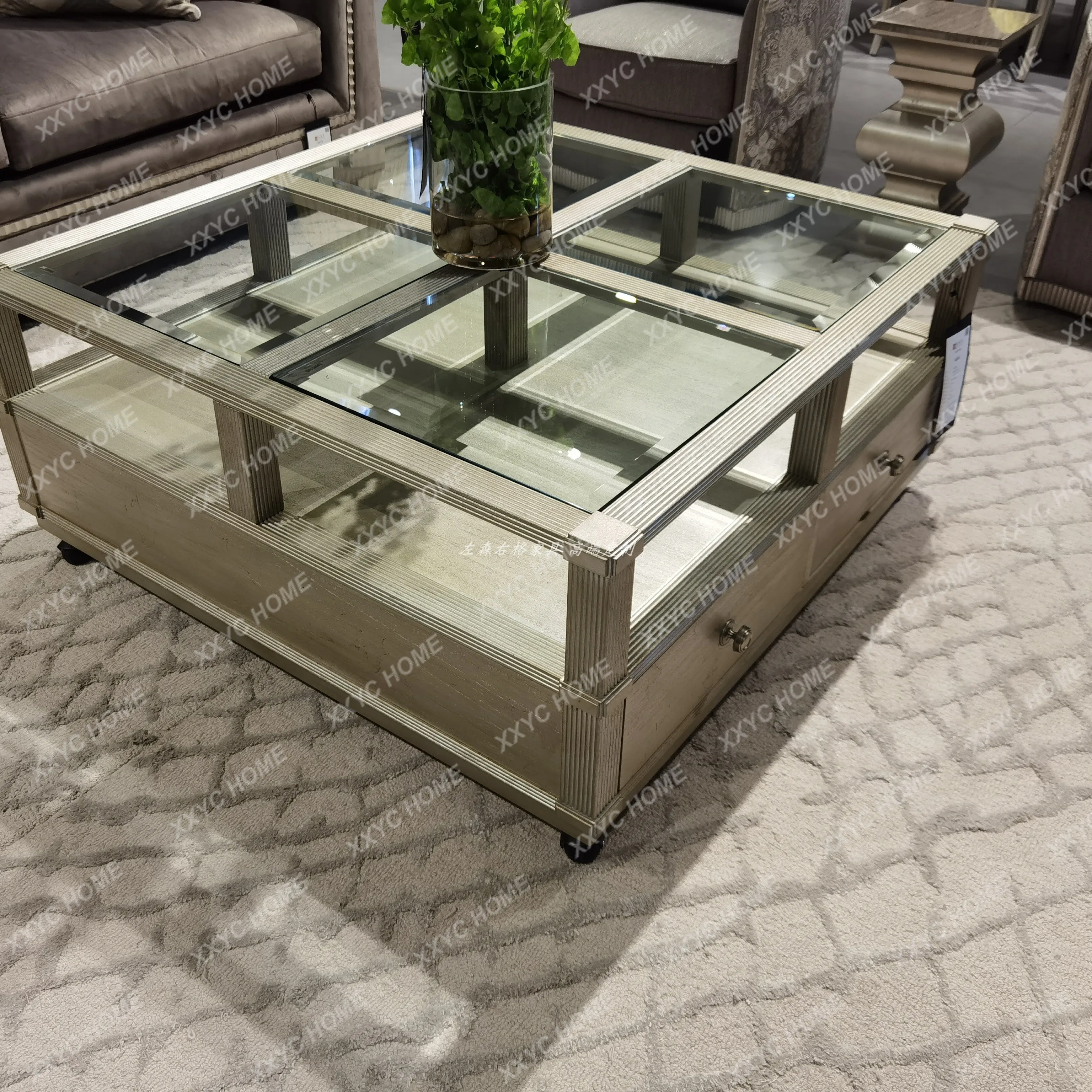 Square glass coffee table Modern light luxury solid wood carved coffee table