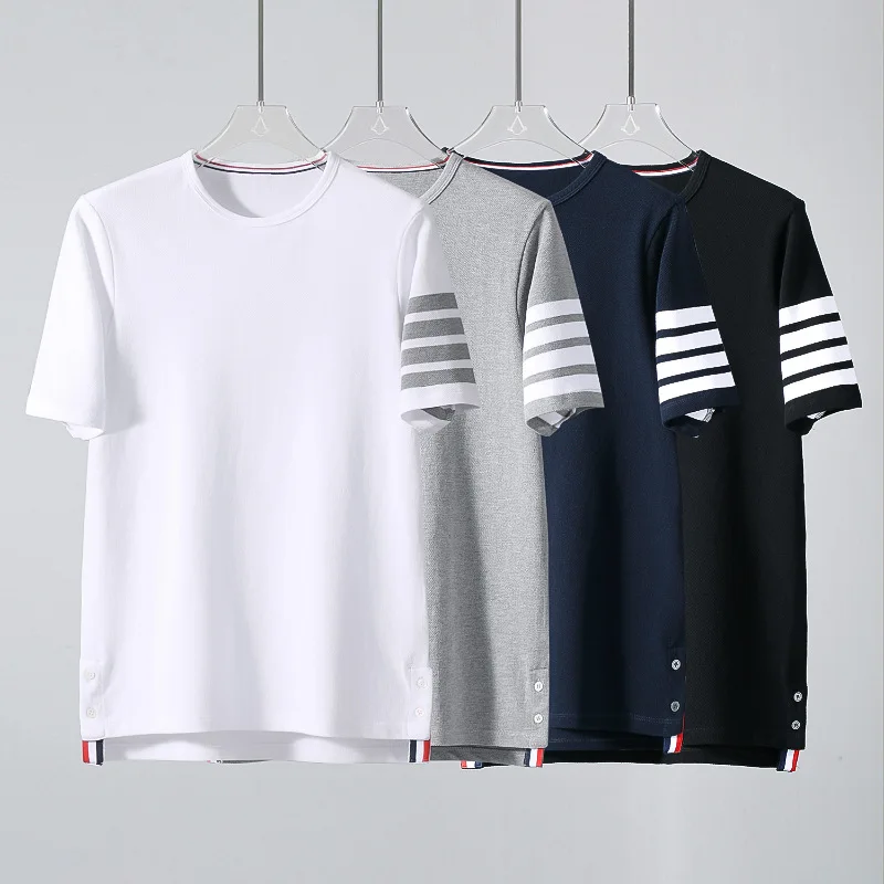 

Pure Cotton Heavyweight Pique T-irt Casual Versatile ort Sve round Ne Double Pearl Flower Men's Four Stripe T-irt