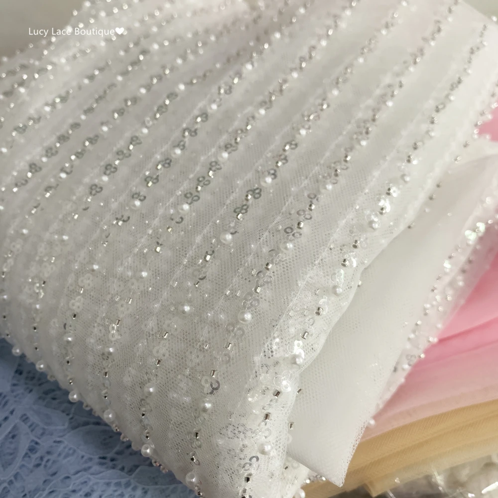 New High-grade Sequin Nail Beads Vertical Stripe Lace Sequined Wedding Dress Fabric DIY Accessories Silvery 1 Meter Long 2022