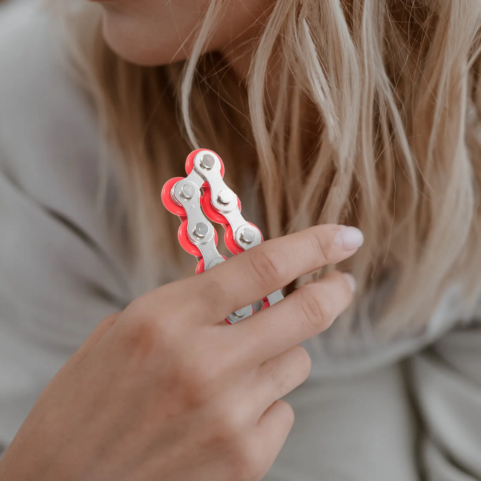 Bike Chain Fidget Stress Reducer Red Made of 12 Stainless Steel Links Rolling Silicone Bands Anti-Anxiety for Adults Kids Office