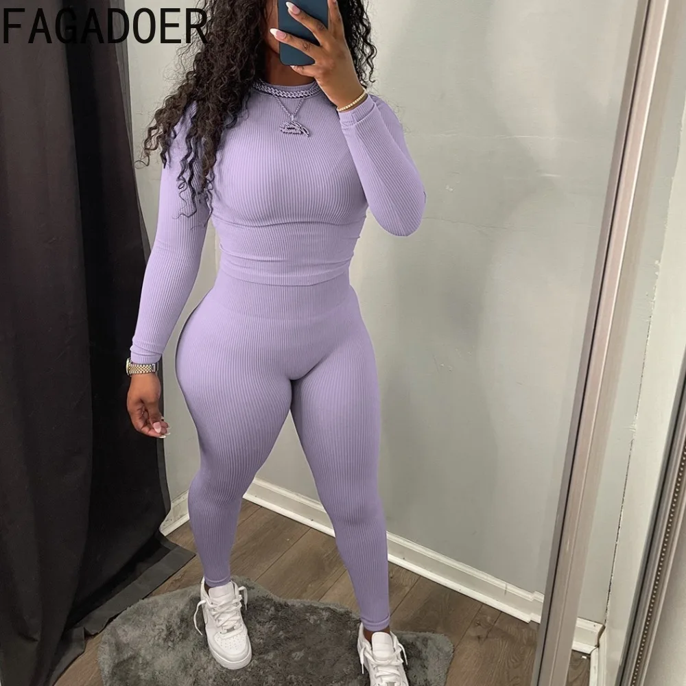 FAGADOER Autumn Casual Ribber Skinny Pants Set Women Long Sleeve Top+Legging Pants Two Piece Tracksuit Female Sporty 2pcs Outfit