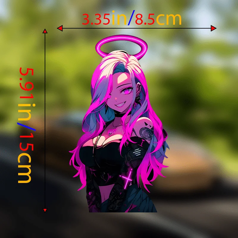 1PC Neon Pink Cyberpunk Angel Waterproof Vinyl Decal, Sticker for Car Fuel Tank Motorcycle Laptop Exterior Fashion Decoration