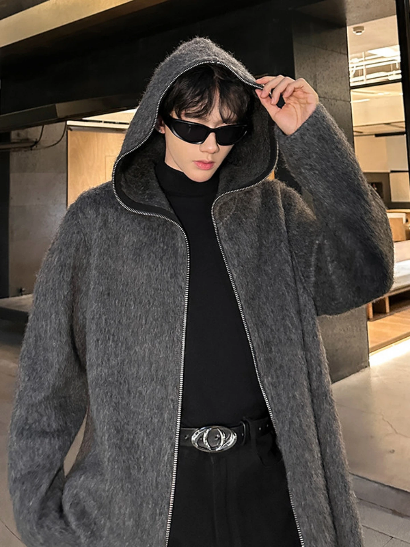 

Высококачественная двусторонняя шерстяная куртка на молнии с капюшоном для мужчин: повседневная, модная, зимняя верхняя одежда, теплая, с длинными рукавами, однотонная