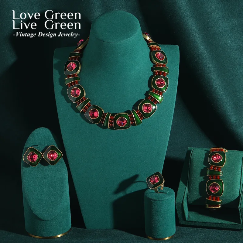 

Vintage Square 4 Piece Jewelry Set For Women Wedding Green Enamel Earrings Pink Crystal Necklace Choker Luxury Suit 2025 New