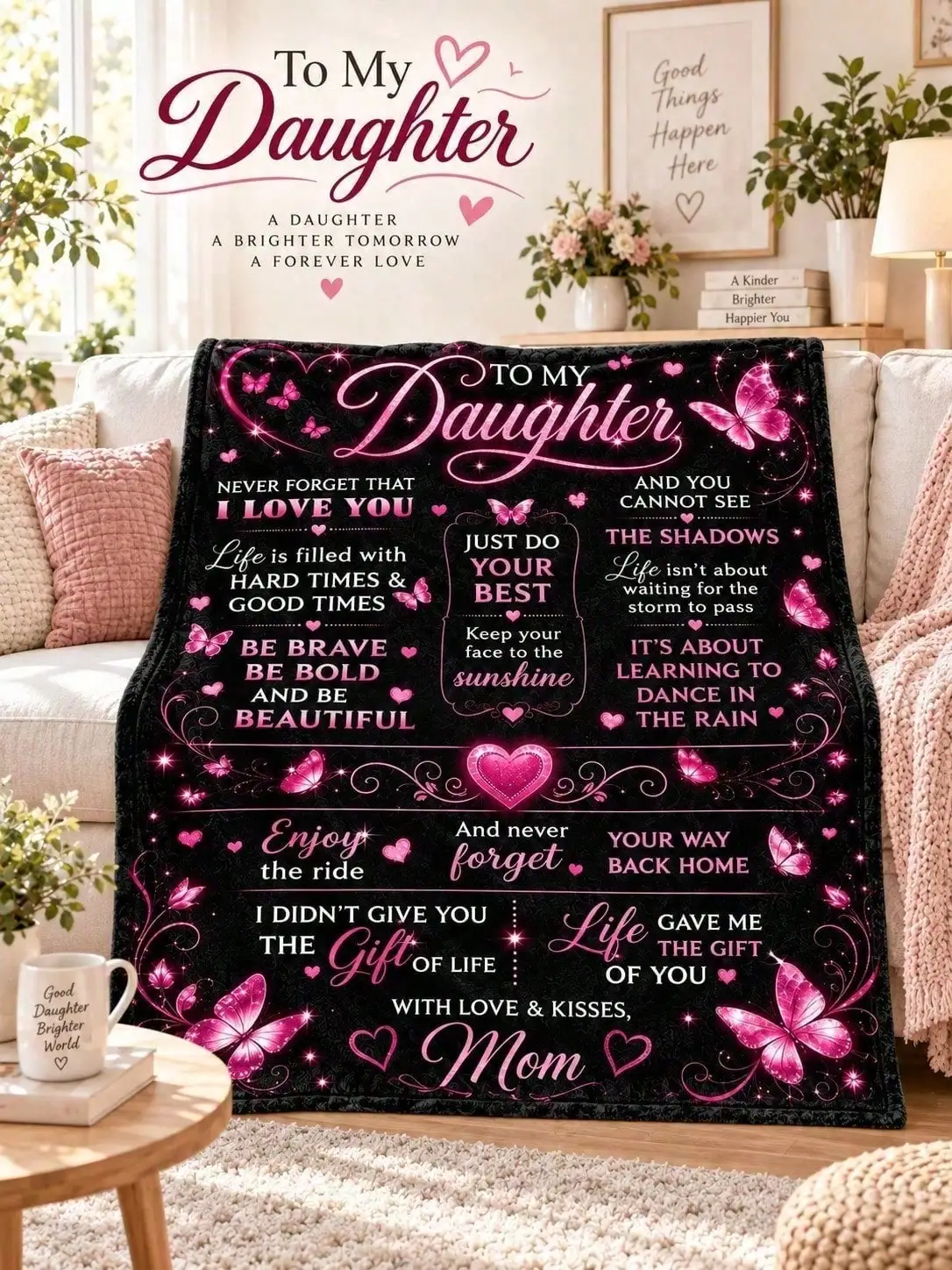 Daughter Butterfly Floral Love Message Flannel Blankets Sofa Throw Bed Home Decor Bedroom Living Room Halloween Thanksgiving Christmas Anniversary Birthday Housewarming Guestroom Lounge Reading Nook Office Seasonal Accent Gift for Family Friends