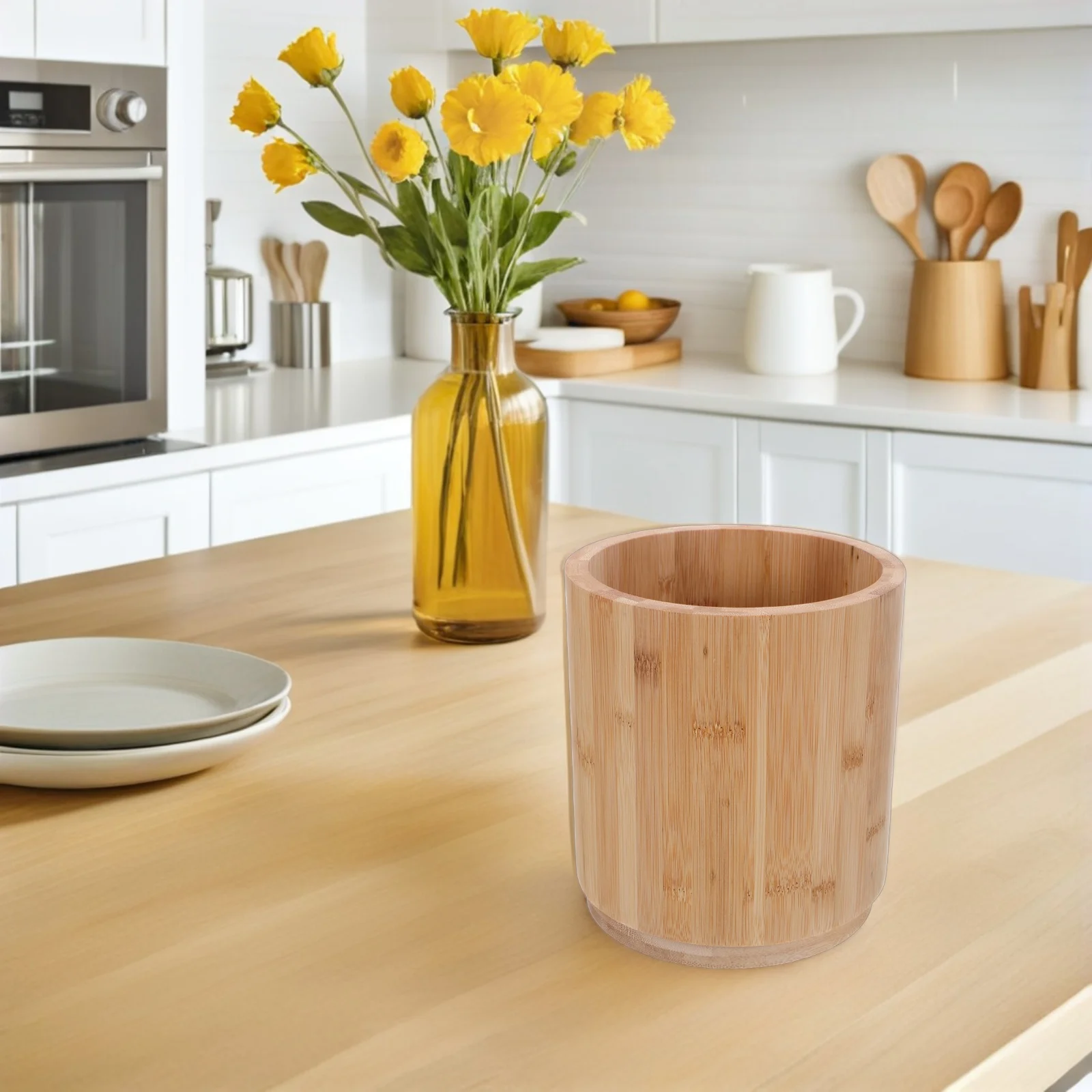 

Rotating Wooden Tableware Stand Bamboo Kitchen Rotated Organizer Silverware Counter Utensil Holder Cooking Countertop Spoon