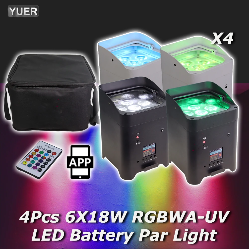 

4Pcs/lot Battery LED 6x18w RGBWA+UV 6in1 Par Wireless Remote Control DMX512 Phone WIFE Wash Wall Light For DJ Disco Christmas