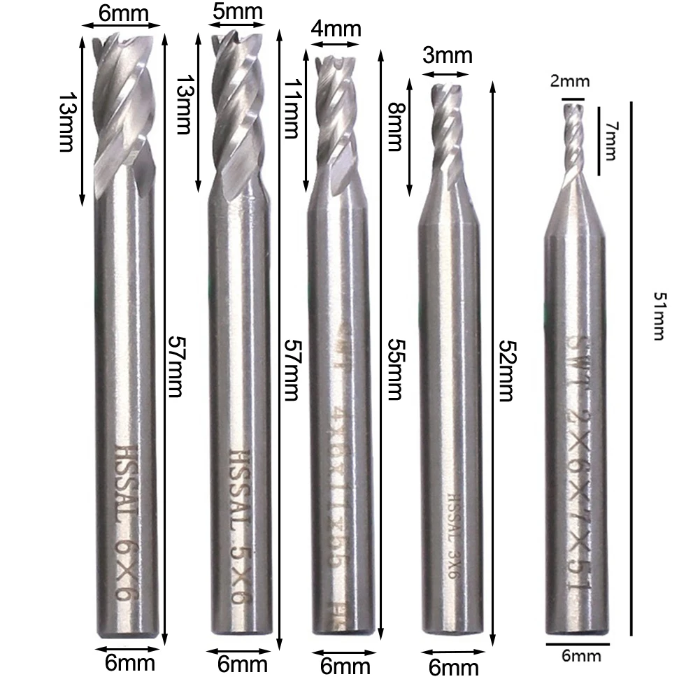 

5pcs/set Carbide 4 Flutes CNC HSS End Milling Cutter Slot Drill Bit Set 2-6mm Hand Power Tools Accessories