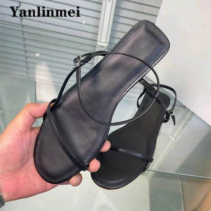 Summer Sandals Woman Genuine Leather Narrow Band Party Shoes Holiday Casual Comfort Flat Sandals Sandals Women Sandalias Mujer