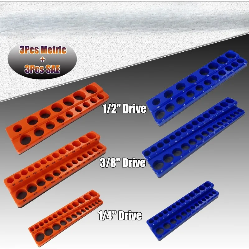 

Magnetic Socket Organizer Set 6 Piece, Magnetic Socket Holder Includes 1/4", 3/8", 1/2", Holds 143 Pieces Metric