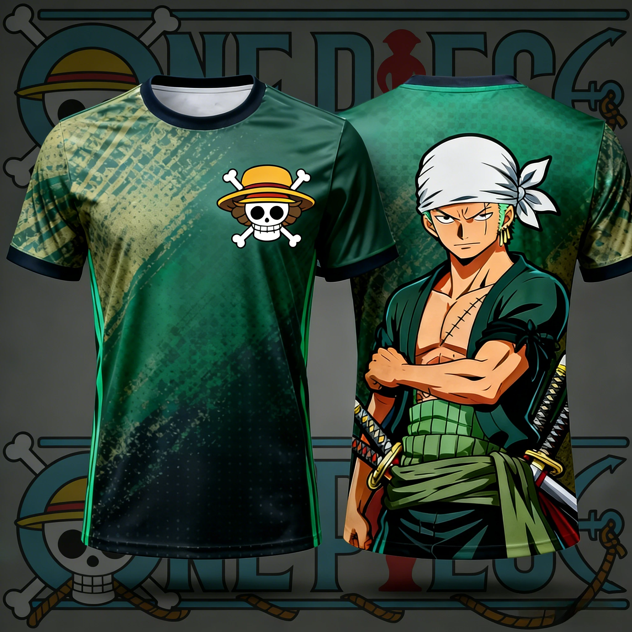 

2026 Summer One Piece Roronoa Zoro Retro 3DPrint T-Shirt Adult & Kids Sports Short Sleeve Tee with Gradient Green for Anime Fans
