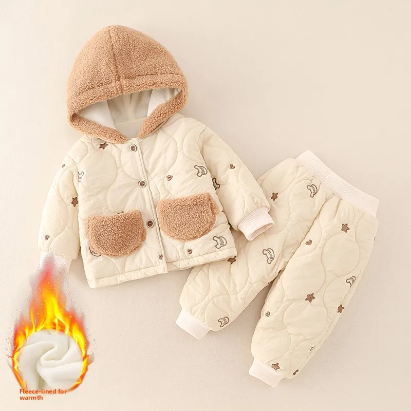 ชุดสองชิ้นบุผ้าฝ้ายอุ่นสำหรับเด็กทารกและเด็กเล็ก เสื้อผ้าสำหรับฤดูใบไม้ร่วงและฤดูหนาว ชุดออกนอกบ้านมีฮู้ด ซับในด้วยผ้าขนสัตว์ แยกชิ้นเสื้อแจ็คเก็ต...