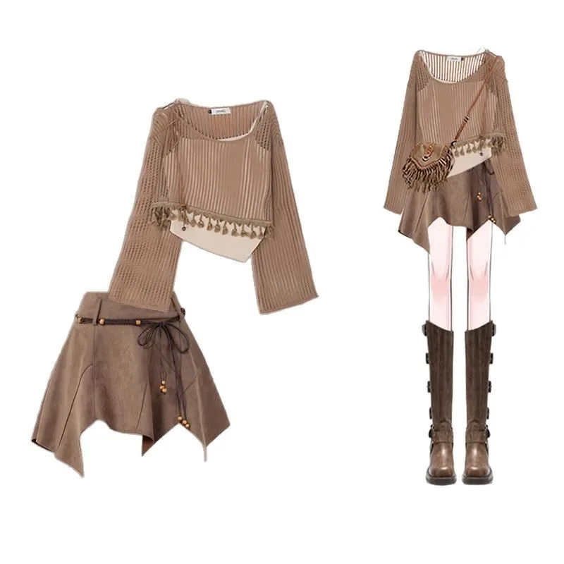 

Meilad Туристический наряд Платье в этническом стиле для женщин Летний стиль Wasteland Полый топ Короткая юбка Комплект из трех предметов Женская одежда